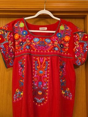 Red Embroidered Mexican-Style Women's Top